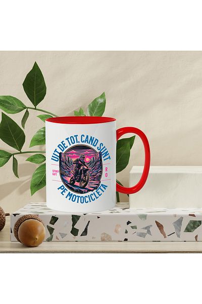 StoryGift Romania Cana uit de tot cand sunt pe motocicleta viteza, 330ml, Ceramic cu Maner Rosu, Cu Maner Rosu