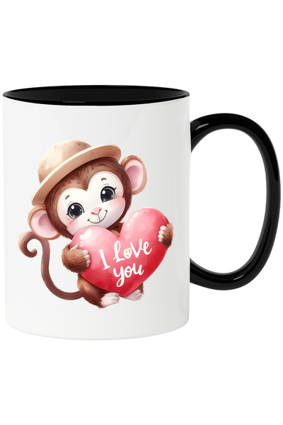 StoryGift Romania Cana cu maimutica exploratoare cu o inimioara in brate cu mesajul "I love you", , Cu Maner Negru