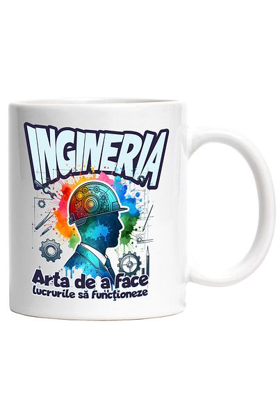 StoryGift Romania Cana Silueta Barbat Cu Casca Protectie Text Ingineria, 330ml, Ceramic cu Maner A, Cu Maner Alb