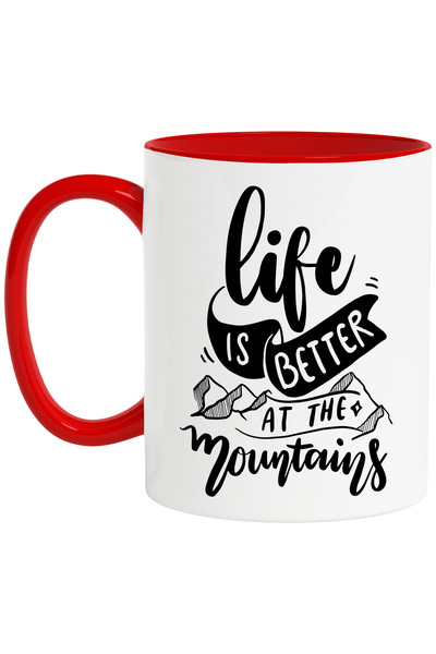 StoryGift Romania Cana cu textul "Viata este mai buna in munti" cu Maner Rosu, Cu Maner Rosu
