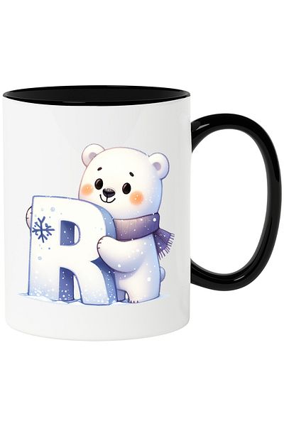 StoryGift Romania Mug with a polar bear holding the letter "R" | illustration | scarf | cold | Pole No, With Black Handle