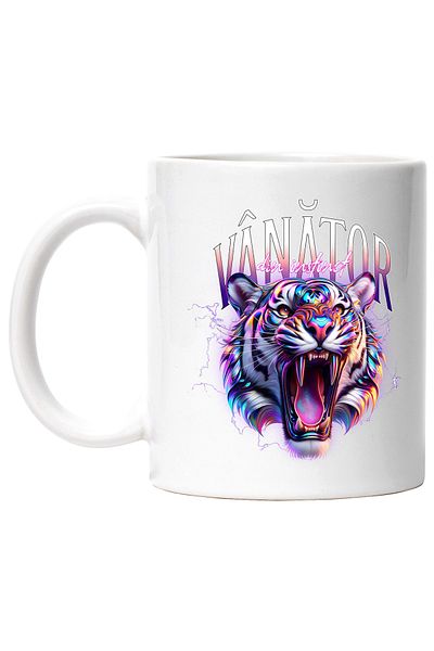 StoryGift Romania Cana Leu furios cu colti tigru Vanator din instinct, 330ml, Ceramic cu Maner Alb, Cu Maner Alb