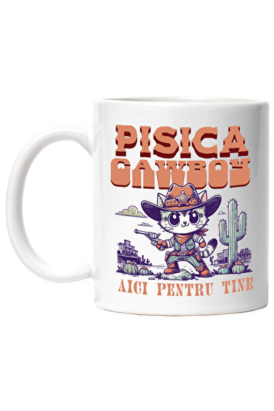 StoryGift Romania Cana cu Pisica Stil Cowboy Vestul Salbatic Text Sunt Aici P...