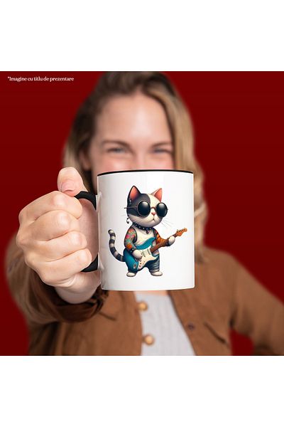 StoryGift Romania Cana cu o pisica tatuata care canta la chitara | ilustratie | rock | metal | och, Cu Maner Negru
