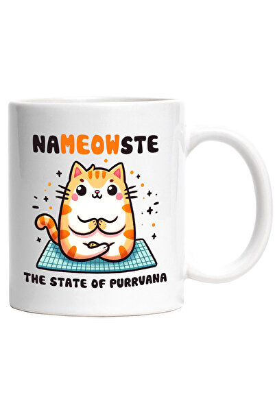 StoryGift Romania Cana cu pisicuta care mediteaza cu mesajul "Nameowste, the state of Purrvana", s, Cu Maner Alb