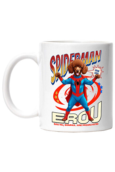 StoryGift Romania Cana cu Pudel / Poodle Caine In Costum de SpiderMan cu Pelerina, Erou Nocturn, D, Cu Maner Alb