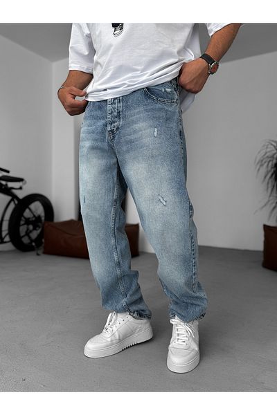 BYBASICMAN Light Blue Scratched Ripped Baggy Jeans Ke-275