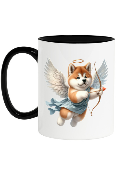 StoryGift Romania Cana cu un catel Akita Inu Cupidon | ilustratie | trage cu arcul | indragostire , Cu Maner Negru