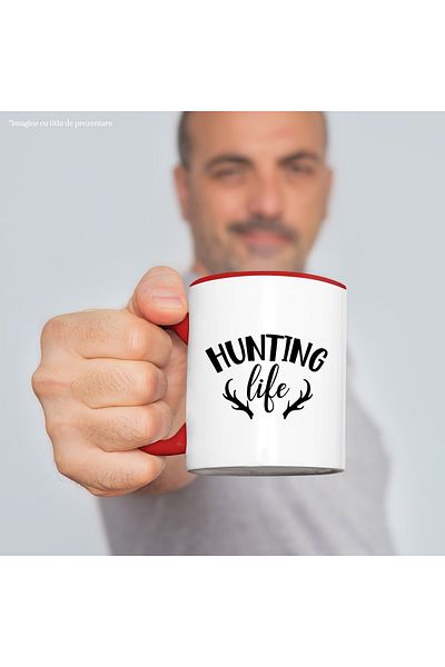 StoryGift Romania Mug with some deer antlers and the text "Hunting life" - hunting life with Ma, Cu, STG