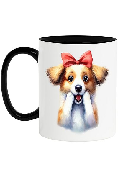 StoryGift Romania Mug with a surprised puppy, red bow, illustration, scared, delighted with Handle Ne, Cu, STG