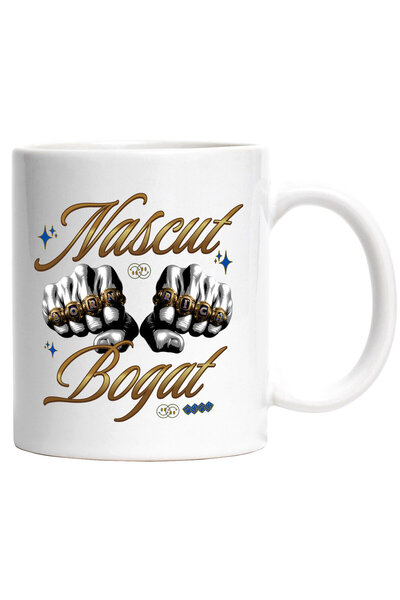 StoryGift Romania Cana cu Pumnale din aur Mesaj Nacut Bogat, Bani, Pumni, Ceramica, 330ML, cu Mane, Cu Maner Negru