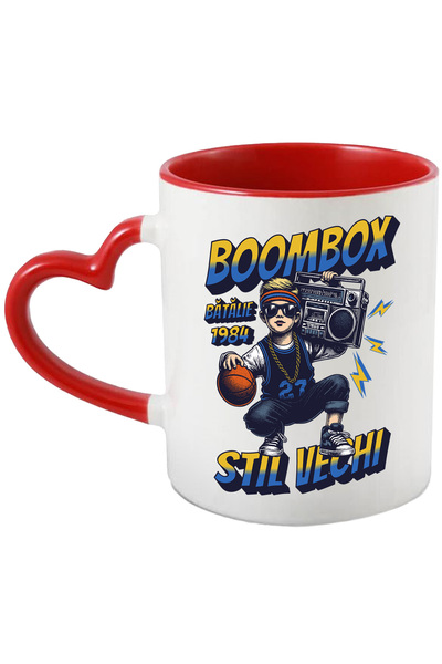 StoryGift Romania Cana Baiat cu minge baschet Stil Vechi, 330ml, Ceramica cu Maner Inima Rosie, Cu Maner Inima Rosie