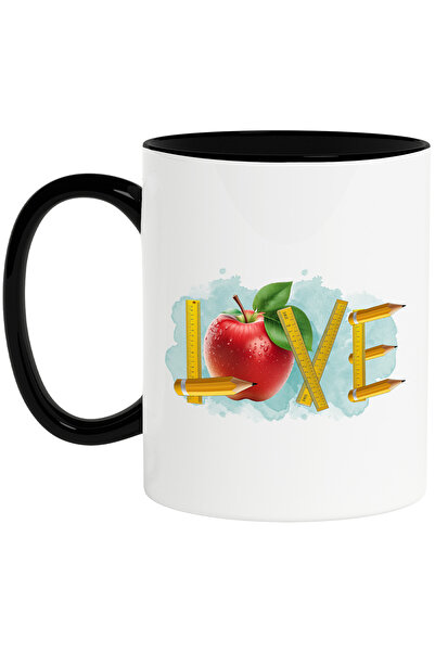 StoryGift Romania Cana cu mesajul "Love", ilustratie, pentru copii, scoala, elev, mar, creion, rig, Cu Maner Negru