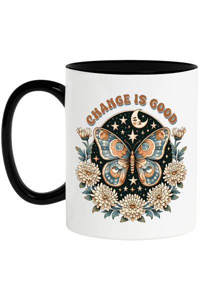 StoryGift Romania Mug with a butterfly with the message "Change is good", ill...
