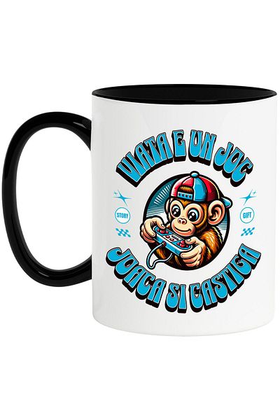 StoryGift Romania Monkey Mug With Cap Lever Video Games Hobby Gamer Text In Romanian Vi, With Black Handle