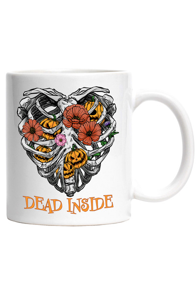 StoryGift Romania Cana cu o inima de schelet cu mesajul "Dead Inside", mort in interior, floricele, Cu Maner Alb