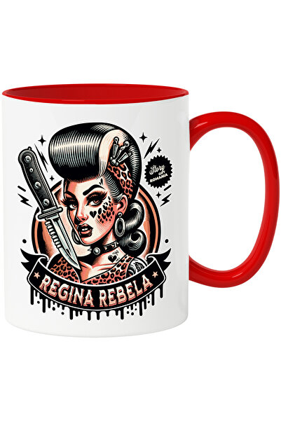 StoryGift Romania Cana regina rebela femeie cu cutit sui tatuaje, 330ml, Ceramic cu Maner Rosu, Cu Maner Rosu