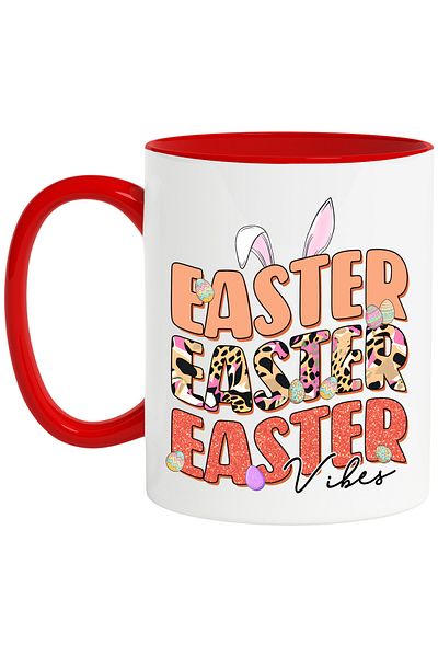 StoryGift Romania Cana cu mesajul "Easter, Easter, Easter vibes", Paste fericit, ilustratie, sarba, Cu Maner Rosu