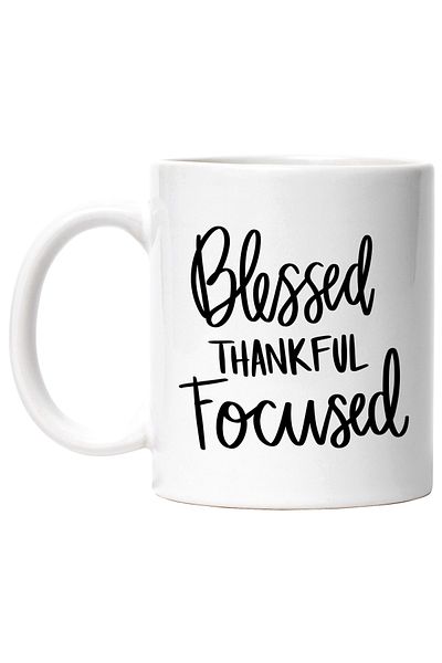 StoryGift Romania Cana cu textul "Blessed, thankful, focused" - binecuvantat recunoscator concentr, Cu Maner Alb