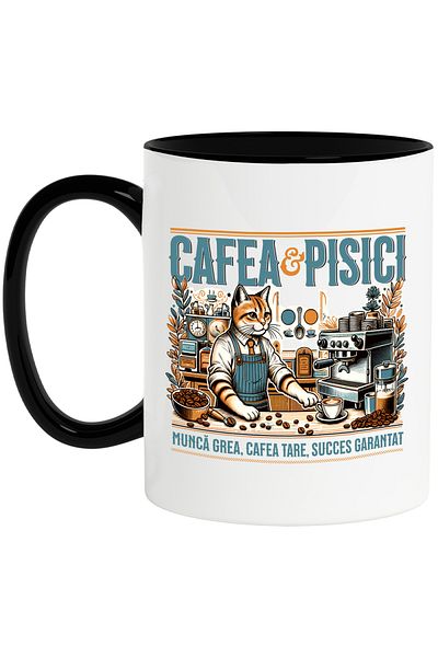 StoryGift Romania Cana cafea si pisici barista iubitorii de motan, 330ml, Ceramica cu Maner Negru, Cu Maner Negru