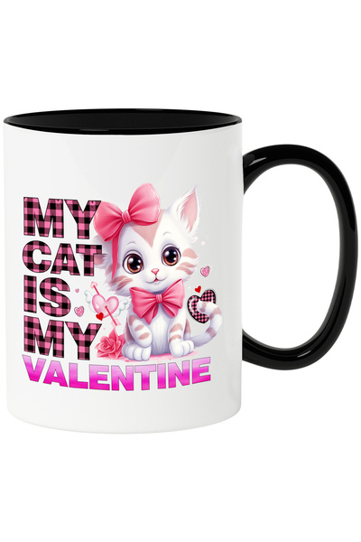 StoryGift Romania Cana cu un pisoi cu mesajul "My cat is my Valentine", iubire, dragoste, trandafi, Cu Maner Negru