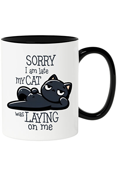 StoryGift Romania Cana cu pisica neagra cu mesajul "Sorry I am late, my cat w...