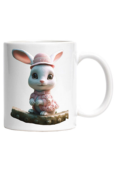 StoryGift Romania Cana Cu Iepure Alb Imbracat in Rochita Roz, Adorabil, Pufos, Blanosi,,Ceramica, , Cu Maner Alb