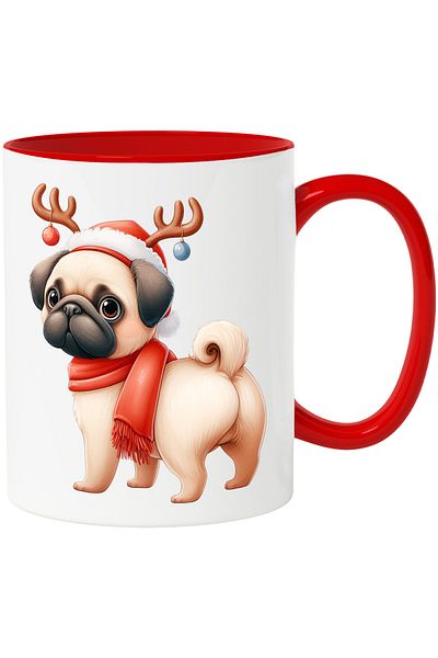 StoryGift Romania Mug with a Pug dog that has reindeer antlers | illustration | hat | scarf, With Red Handle