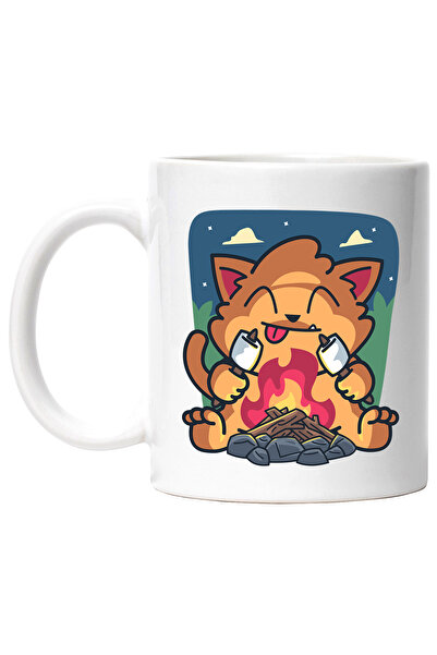 StoryGift Romania Cana Cu Pisica, Foc De Tabara, Bezele, Multicolor 330 ml, Ceramica cu Maner Alb, Cu Maner Alb