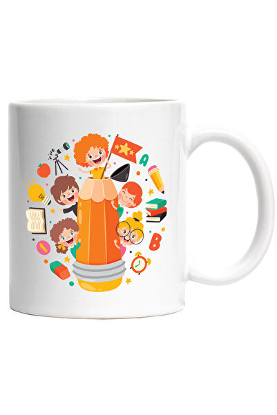 StoryGift Romania Cana Cu Creion, Steag, Copii, Educatie, Telescop, Carte, Ceas, Racheta, Multicol, Cu Maner Alb