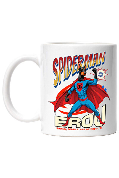 StoryGift Romania Cana cu Doberman Pinscher Caine In Costum de SpiderMan cu Pelerina, Erou Nocturn, Cu Maner Alb