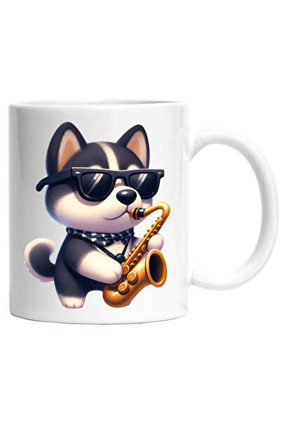 StoryGift Romania Cana cu un catel Husky care canta la saxofon | ilustratie |...