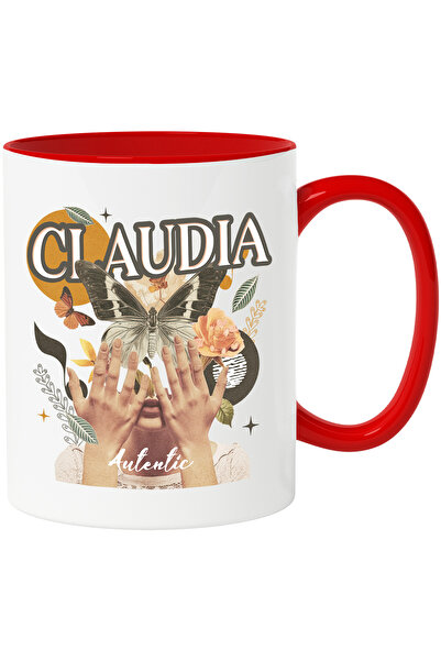 StoryGift Romania Cana Cu Numele Claudia, Colaj Fata, Fluture, Flori, Cerc, 330ml, Ceramic cu Mane, Cu Maner Rosu