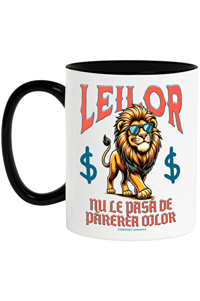 StoryGift Romania Cana Leu smecher cu ochelari de soare, LEILOR NU LE PASA DE PAREREA OILOR, 330ml, Cu Maner Negru