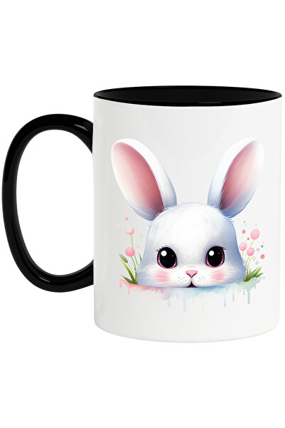 StoryGift Romania Cana cu un iepuras alb | ilustratie | curios | timid | plante | iarba | natura |, Cu Maner Negru