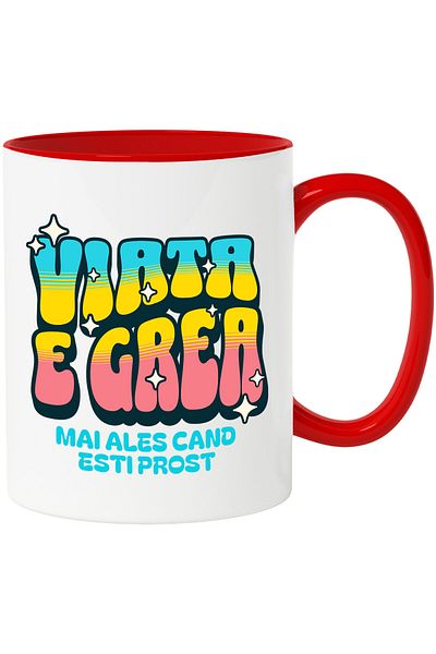 StoryGift Romania Cana cu Design Stil Valuri Mare Text Viata E Grea Mai Ales Cand Esti Prost, Copi, Cu Maner Rosu