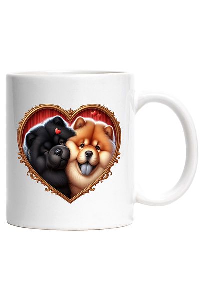 StoryGift Romania Cana cu o catelusa si un caine Chow Chow | ilustratie | cadru in forma de inima , Cu Maner Alb