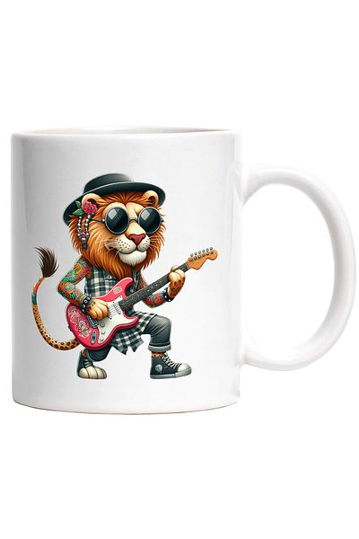 StoryGift Romania Cadou cu un leu tatuat care canta la chitara | rocker | metal | palarie | ochela, Cu Maner Alb