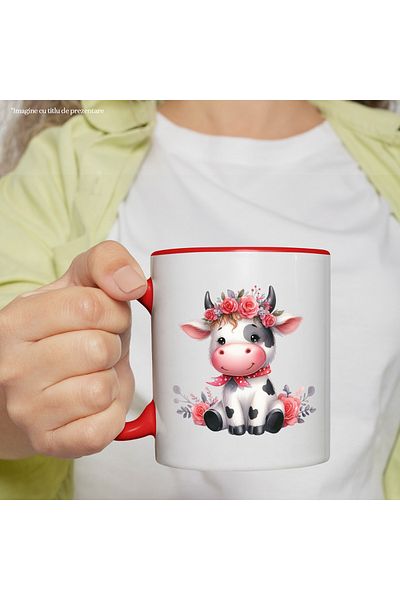 StoryGift Romania Mug with a cheerful cow with roses on the top of her head | illustration | , With ,STG