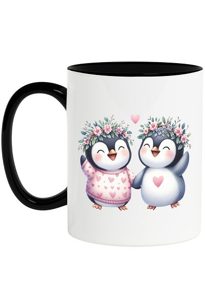 StoryGift Romania Mug with 2 penguins, illustration, cheerful, flower crowns, hearts, friendship, With,STG
