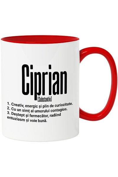 StoryGift Romania Cana Cu Numele Ciprian, Cu Mesaj Motivational, Creativ, Energic, Curios, Destept, Cu Maner Rosu