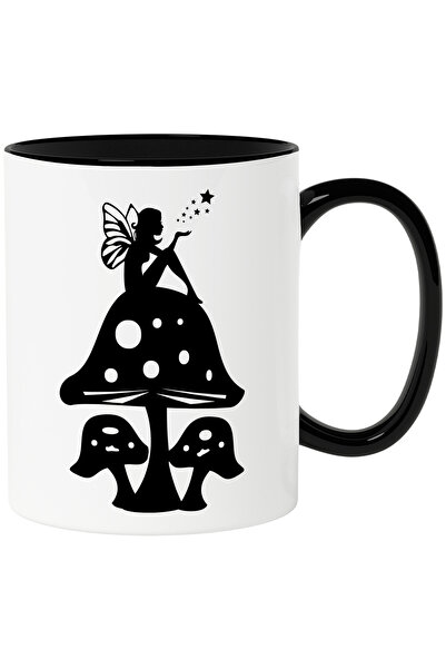 StoryGift Romania Cana cu o zana micuta care sta pe o ciuperca cu Maner Negru, Cu Maner Negru