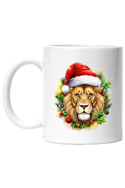 StoryGift Romania Mug with a lion wearing a Christmas hat, baubles, illustrat...