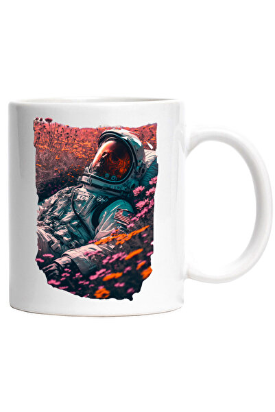 StoryGift Romania Cana Cu Un Schelete Costumat In Astronaut care Sta Intr-un Camp de Flori Roz, Ar, Cu Maner Alb