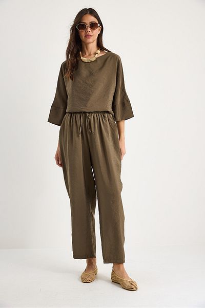 Bianco Lucci Women Boat Neck Half Sleeve Blouse Elastic Waist Baggy Pants Bottom-Top Suit 60283118