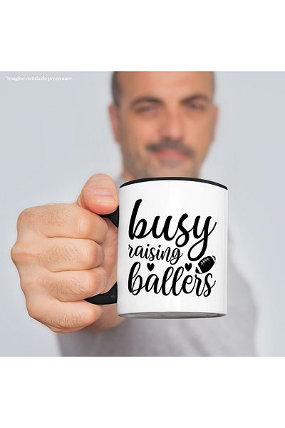StoryGift Romania Mug for a parent of American football players with the message "Busy raising b, Cu