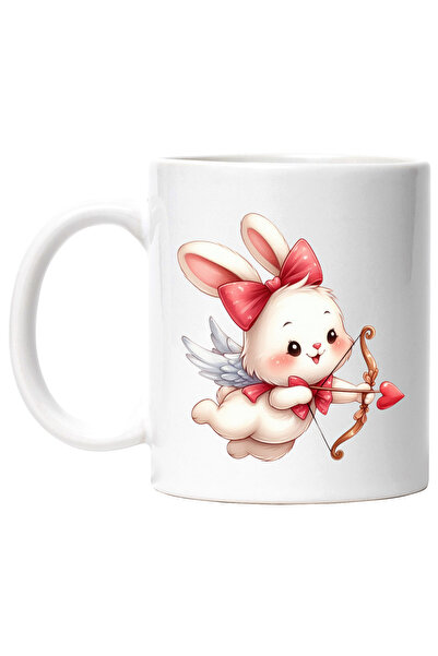 StoryGift Romania Cana cu un iepuras alb Cupidon care trage cu arcul | ilustratie | indragostire |, Cu Maner Alb