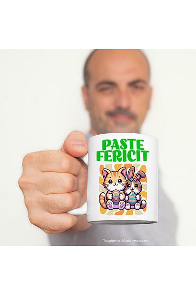 StoryGift Romania Cana Cu Pisica Portocalie Si Iepure Cu Oua Colorate Pascal Text Paste Fericit, C, Cu Maner Alb Stg