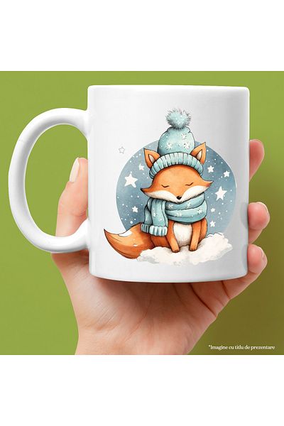 StoryGift Romania Cana cu o vulpe somnoroasa | ilustratie | imbracata gros | adormita | frig | noa, Cu Maner Alb