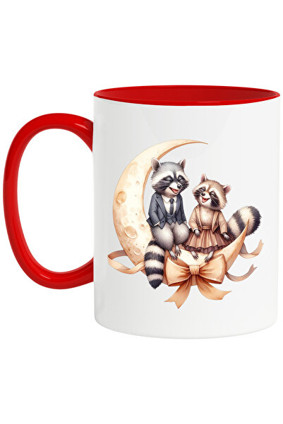 StoryGift Romania Cana cu 2 ratoni care stau pe semiluna, ilustratie, se simt bine, rad, funda, pr, Cu Maner Rosu